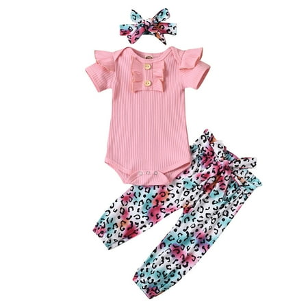 

YWDJ 0-24M Infant Girls Short Sleeve Romper Leopard Print Pants Headbands Outfit Set Pink 90