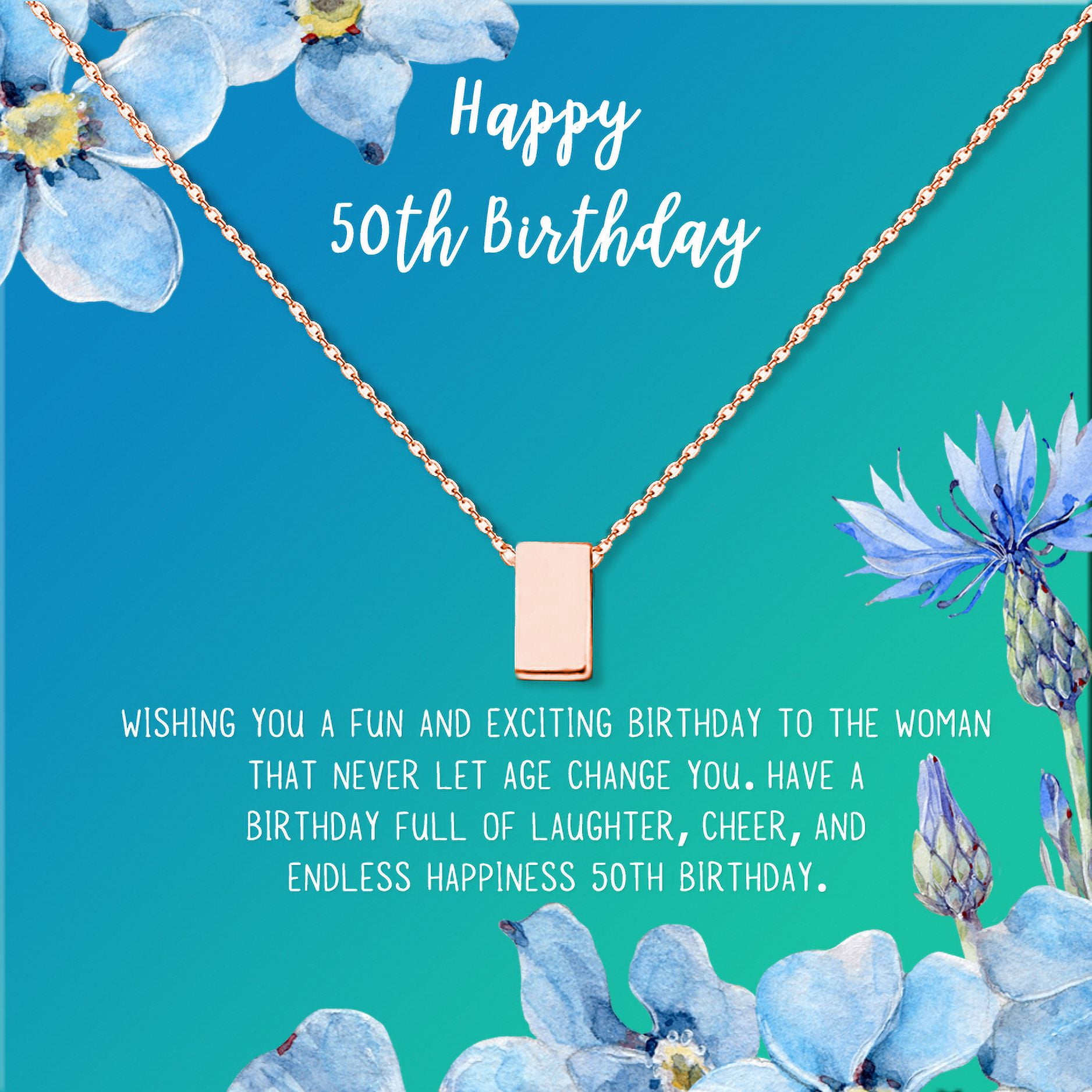Anavia Happy 50st Birthday Gifts Stainless Steel Fashion Necklace Birthday Card Jewelry Gift for Her, Birthday Gift for Grandma-[Rose Gold Cube, Bright Blue Gift Card]