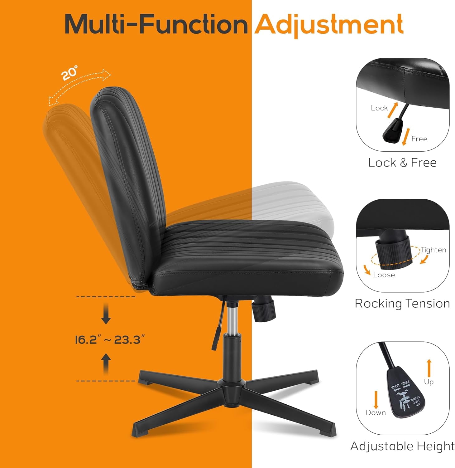 Criss Cross Chair, Cross Legged Office Chair, Wide Comfty Desk Chair, No Wheels Armless Computer Task Chair, Swivel Vanity Home Chair, Height Adjustable