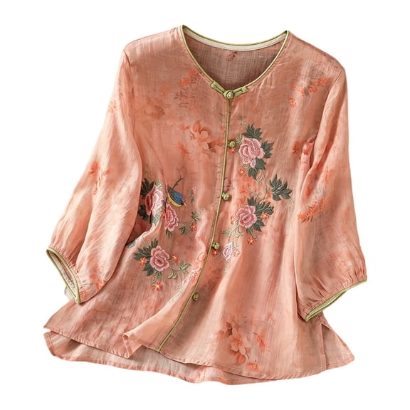 VNKIDY Womens V Neck Three Quarter Sleeve Floral Print Blouse With Embroidery Knot Button Closure Loose Fit Breathable For Casual Wear Soft Top