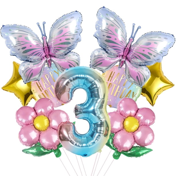 Kit de globos para fiesta de tercer cumpleaños con temática de mariposas y margaritas
