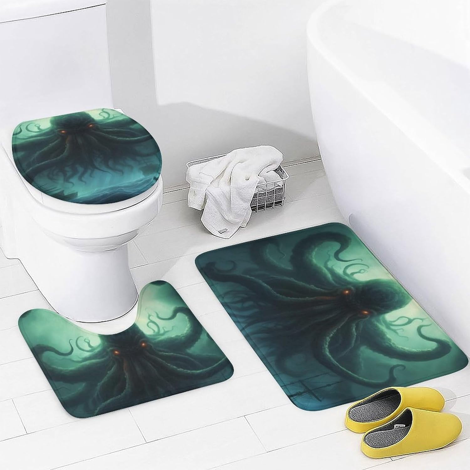 Dead Cthulhu Waits Dreaming 4 Pcs Bathroom Shower Curtain Set,Bathroom Sets with Rugs (Bath Mat,U Shape and Toilet Lid Cover Mat), Bathroom Decor Set