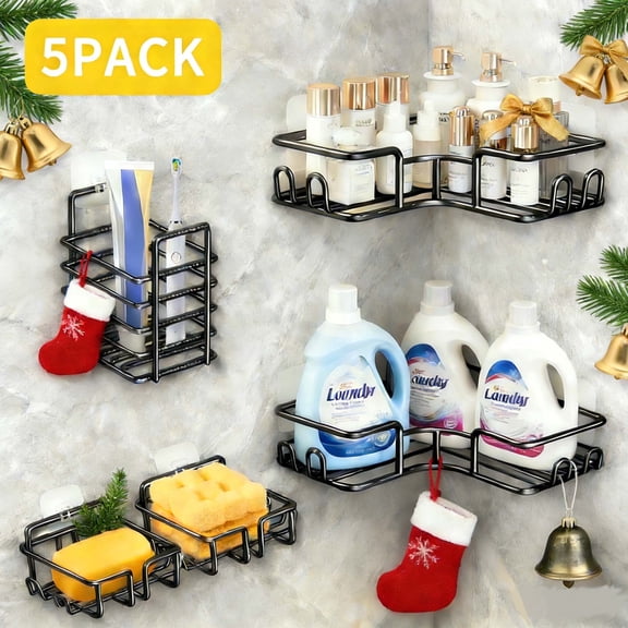 YEEZEE Adhesive Shower Caddy 5-Pack,Stainless Steel,No Drilling Needed for Bathroom, Kitchen (Black)