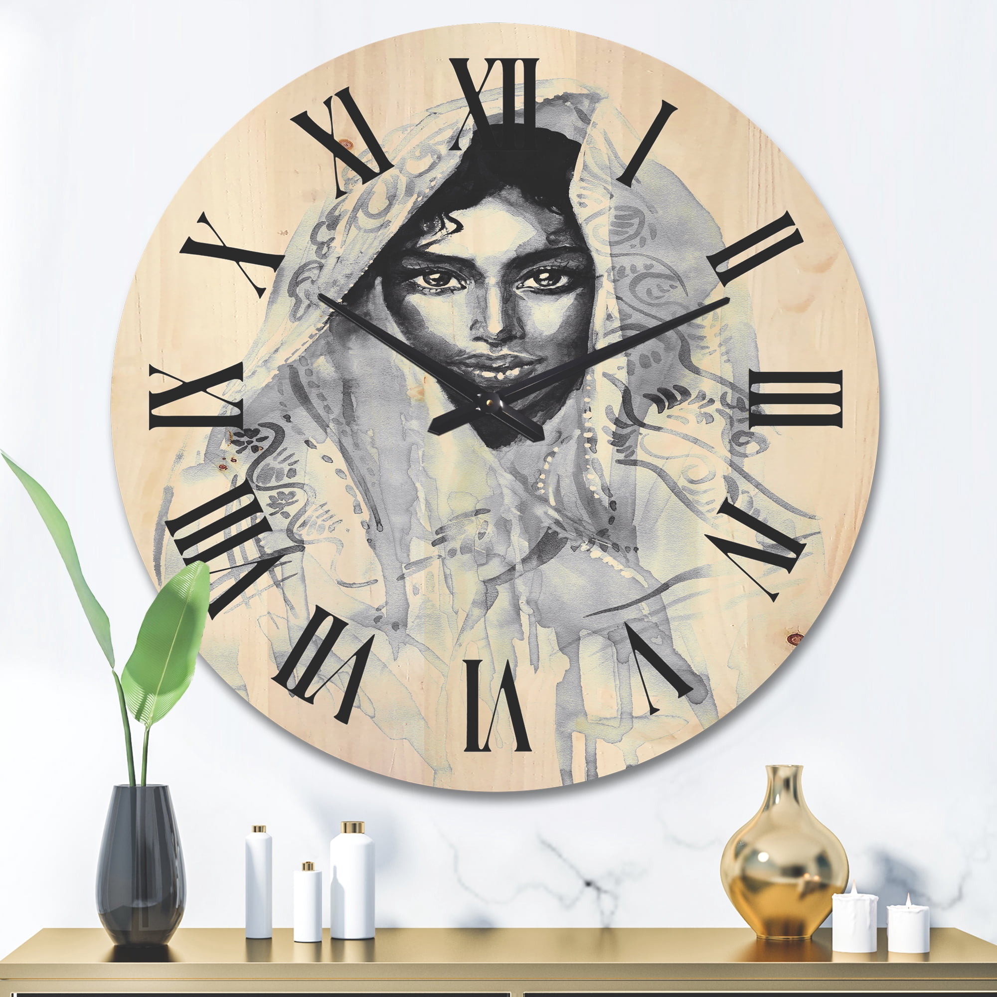 Designart 'Black and White Portrait of Young Indian Woman I' Modern Wood Wall Clock