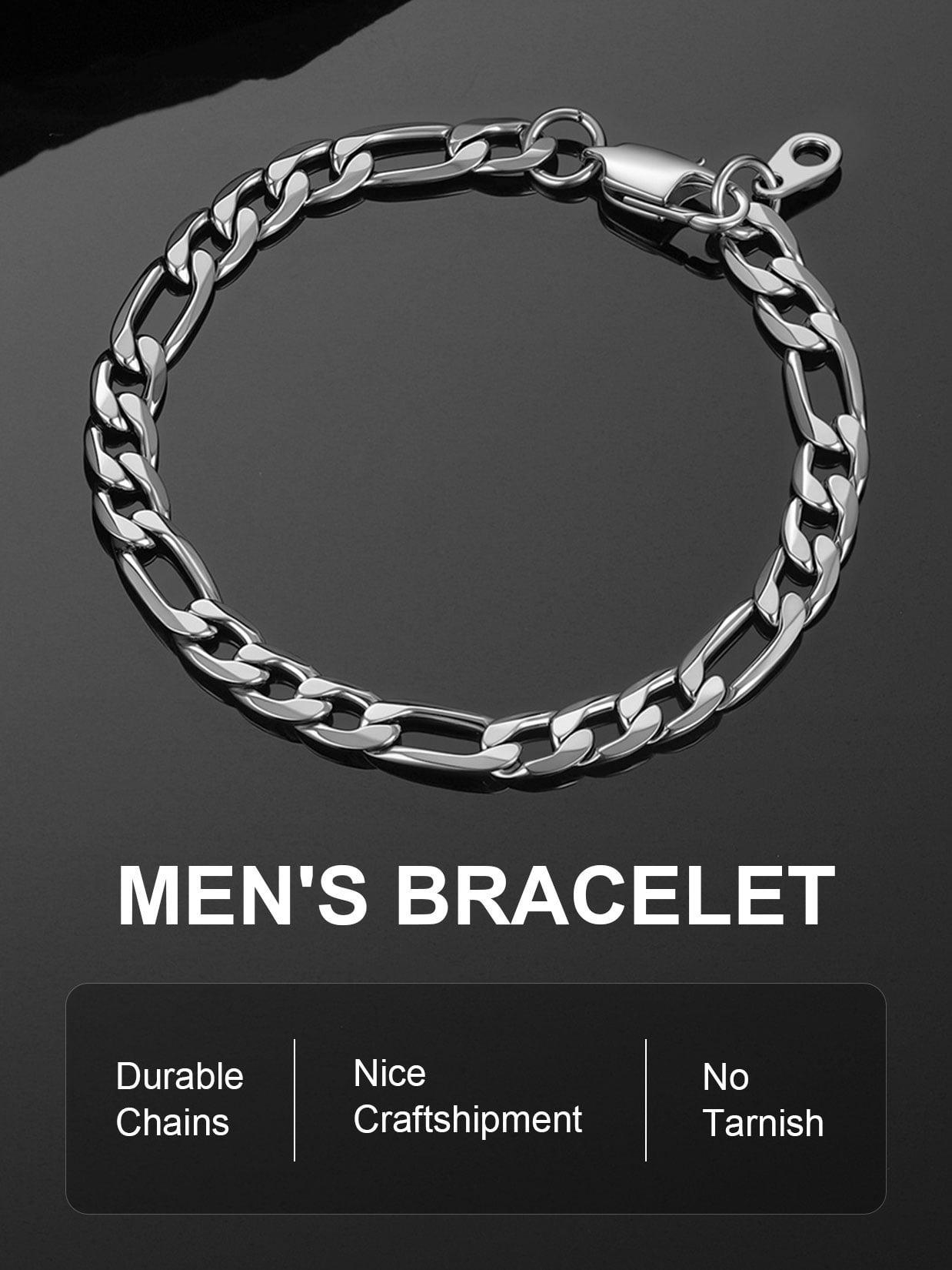 ChainsProMax Stainless Steel Figaro Bracelet, 8.3inch, Ideal for