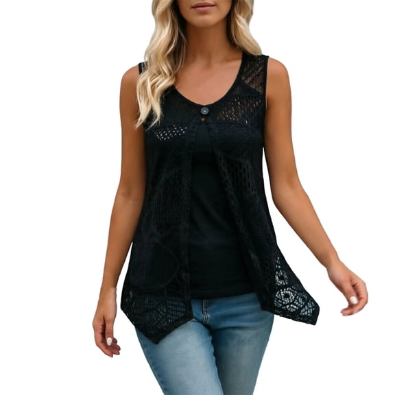 Glisme Shirts for Women Solid Color Sleeveless Crew Neck Tees Summer Comfortable Women Tops Size L Black