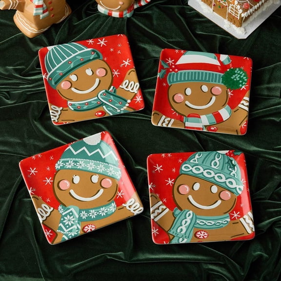 Christmas Whimsy Gingerbread Assorted Colors Ceramic 8.5 in. Dessert Plates (Set of 4)