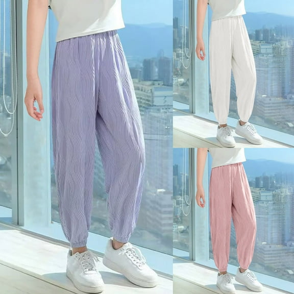 HAOTAGS Girls Lantern Pants, Elastic Waist Breathable Loose Fit Kids Sport Pants Purple 7-8 Years