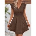 thumbnail image 3 of Coffee Brown Eyelet Lace V-Neck Short Sleeve A-Line Mini Dress, 3 of 6