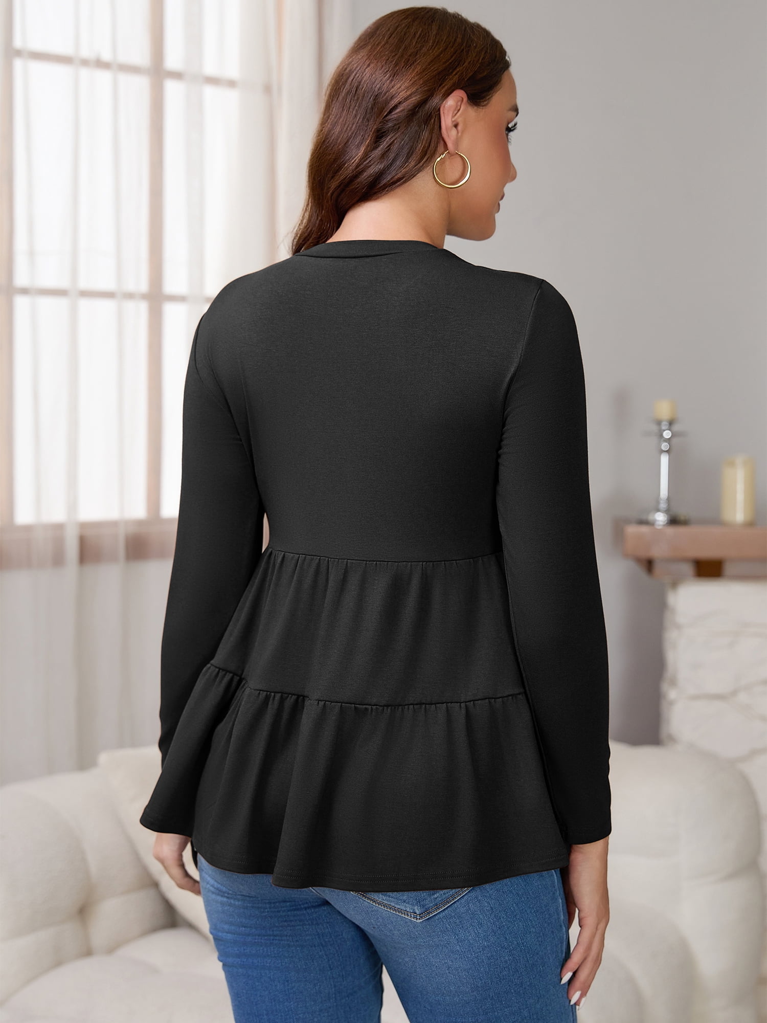DARING DIVA Women's Nursing Breastfeeding Long Sleeve Tiered Pumping T-Shirts M Black