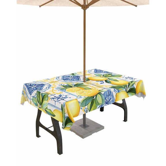 nqOlkjepod Botanical Lemon Outdoor Tablecloth with Umbrella Hole & Zipper, Spring Countryside Floral Blue Tile Rectangle Table Cover 60x102 Inch, Dining Waterproof Table Cloth Protector for Patio
