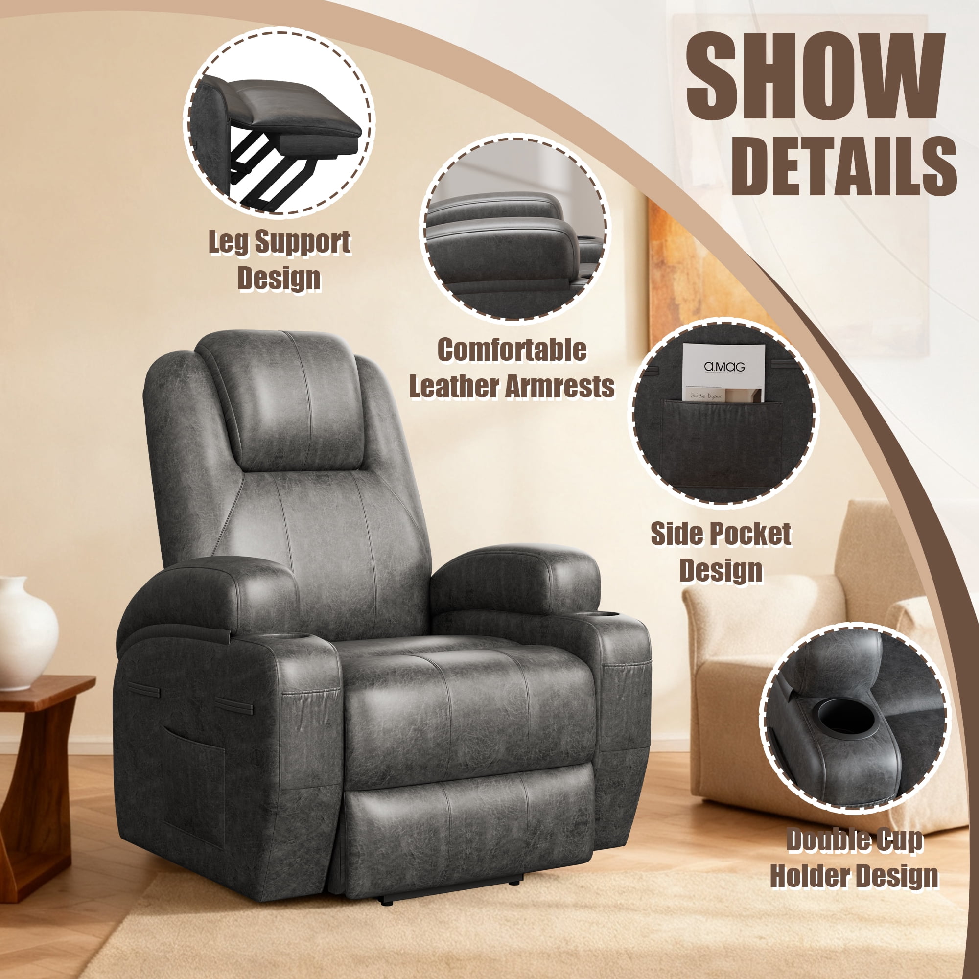 Homall Power Lift Recliner with Massage Function for Elderly,Ergonomic Recliner Chairfor Living Room,Heavy Duty Leathaire Single Sofa with 2 Cup Holder for Bedroom Home Theater,Black