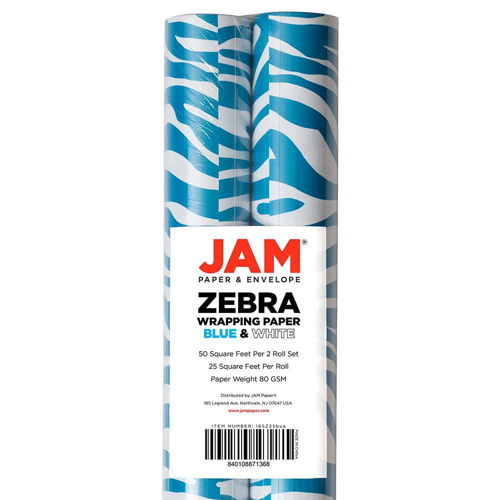 JAM Paper Blue & White Zebra Wrapping Paper, 50 Sq ft.Total, 2 per Pack