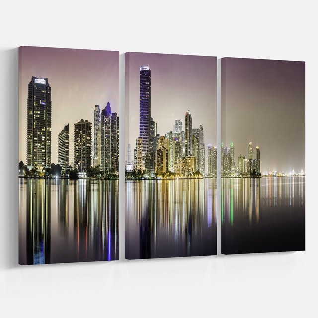 Designart - Miami Downtown Night Panorama - Extra Large Canvas Art Print