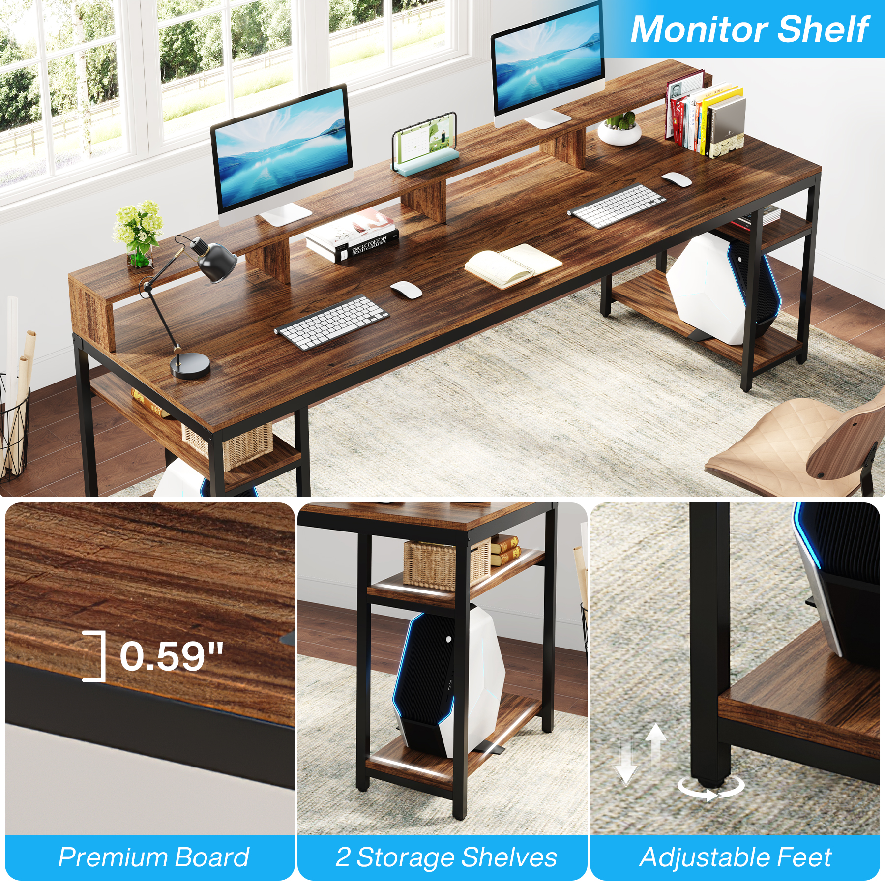 Fnova 78.74" Long Computer Desk with Monitor Stand and Storage Shelves, Industrial Home Office Writing Desk for 2, Brown