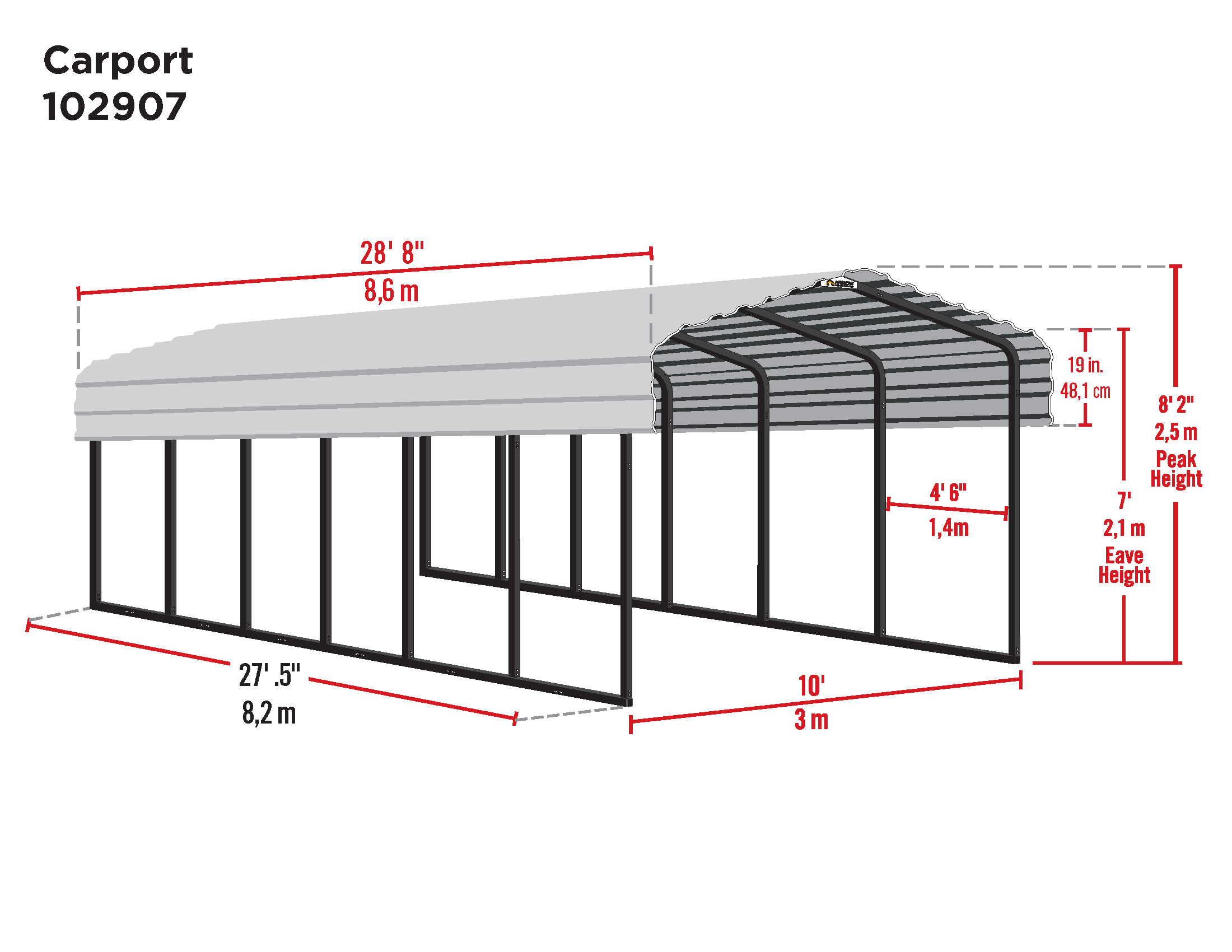 Steel Carport 10 x 29 x 7 ft. Galvanized Black/Charcoal - image 3 of 14