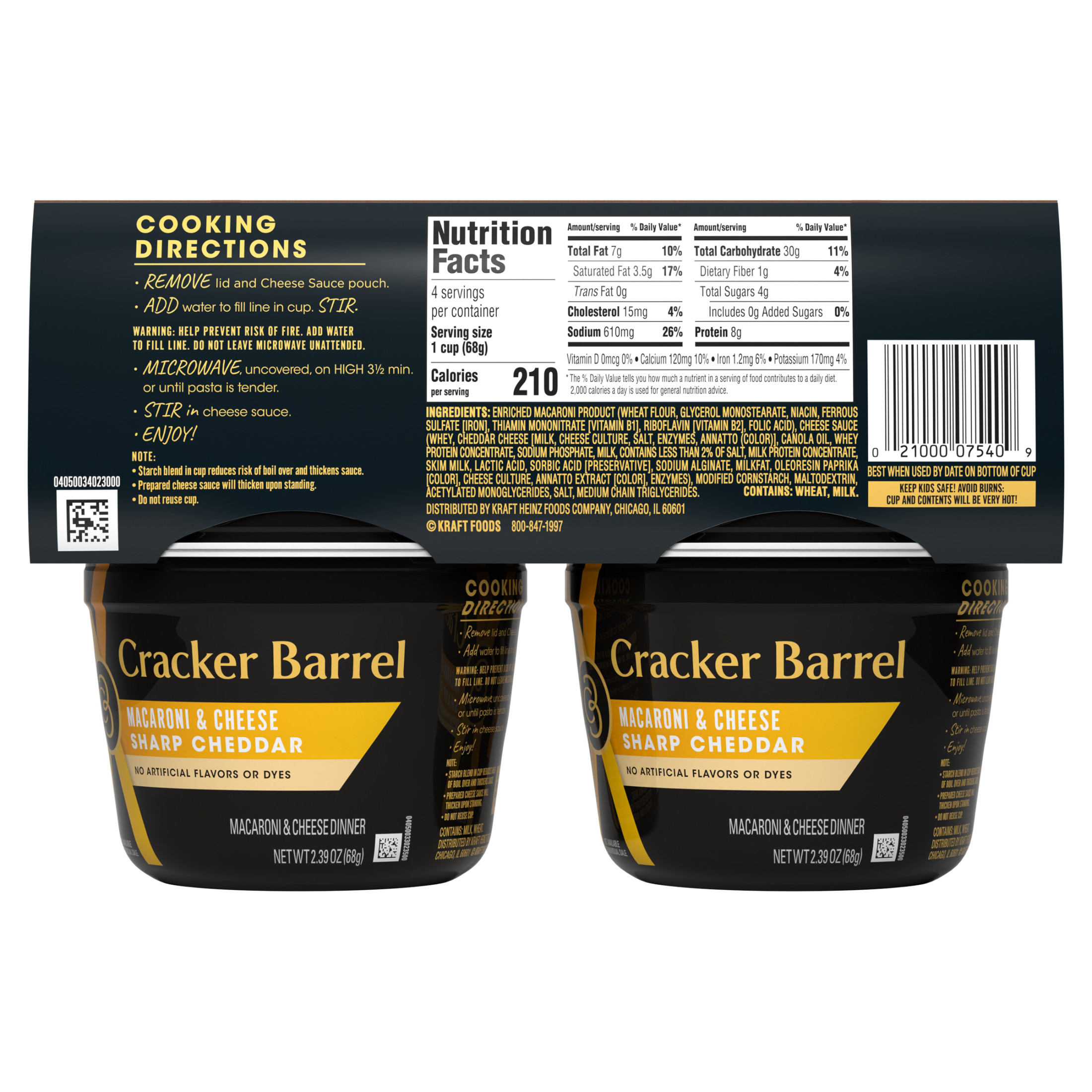 Cracker Barrel Mac and Cheese, 4 Cups, for Easy Dinner or Dinner Sides, Sharp Cheddar, No Artificial Flavors or Dyes, 2.39 oz