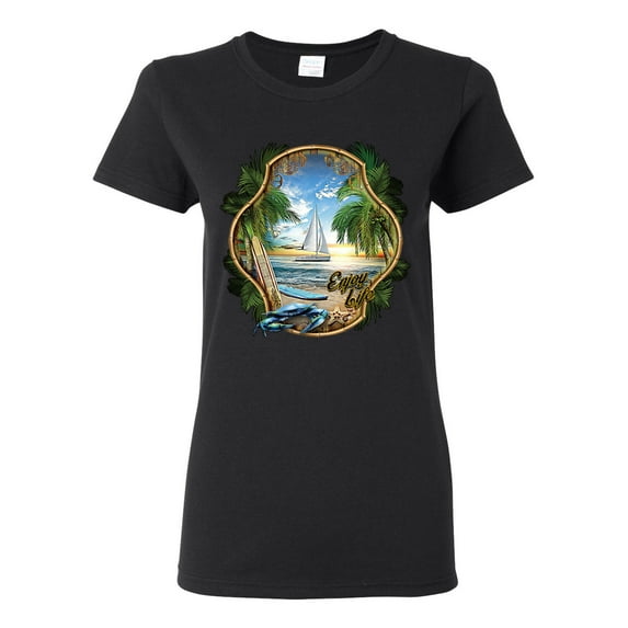 Wild Bobby, Enjoy Life Vintage Beach Surf Sailboat, Pop Culture, Women Graphic Tee, Black, Small