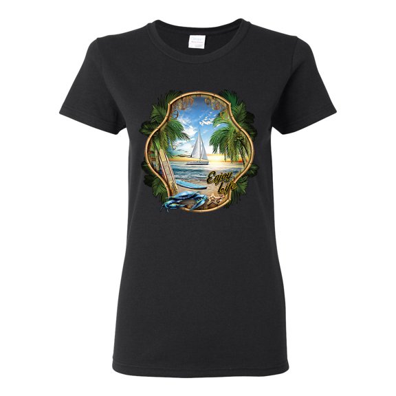 Wild Bobby, Enjoy Life Vintage Beach Surf Sailboat, Pop Culture, Women Graphic Tee, Black, Small