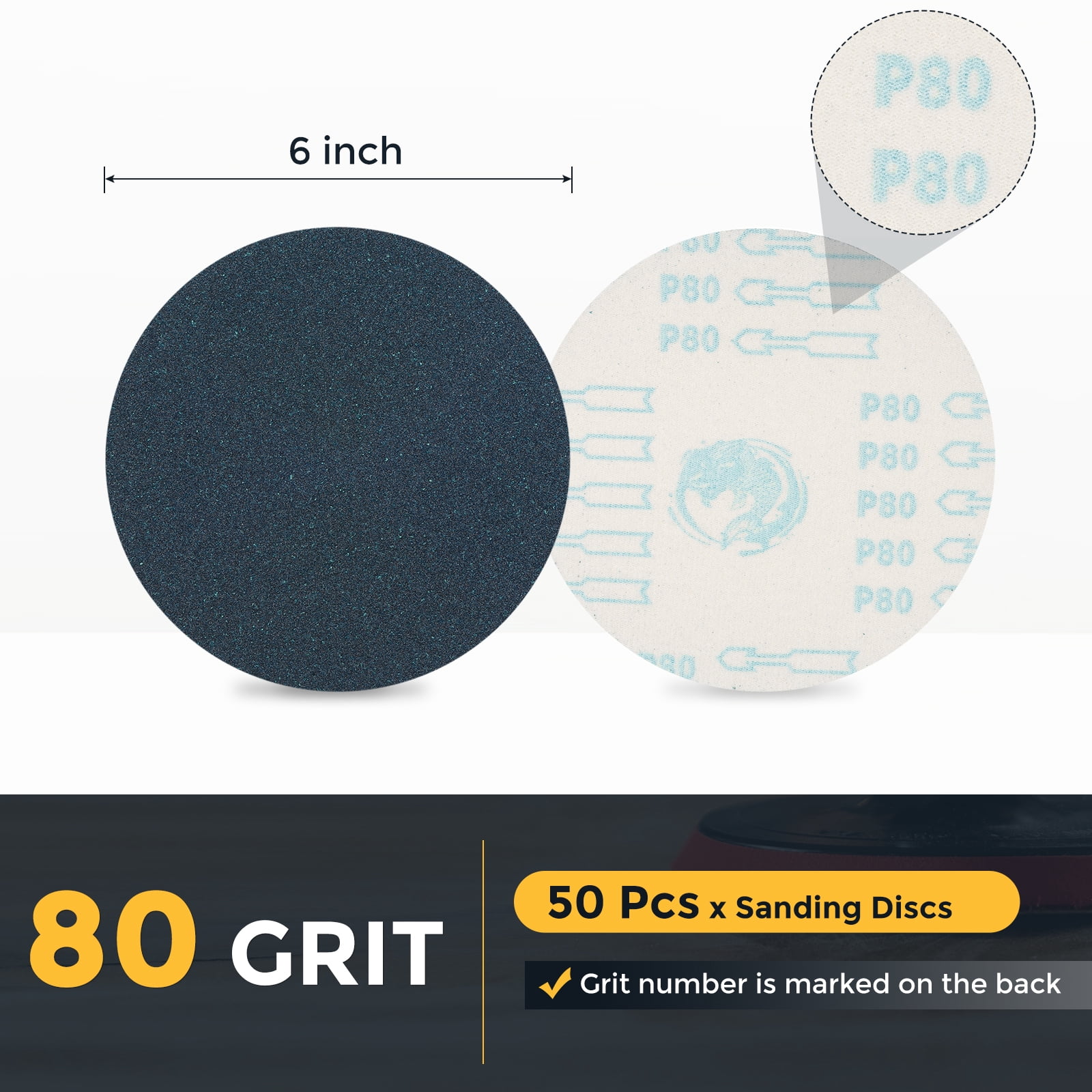 50 Pcs 6 Inch Sanding Disc 80 Grit Hook and Loop Sandpaper Random Orbital Sander Pads for Woodworking, Metal, Stone Grinding and Polishing, Blue