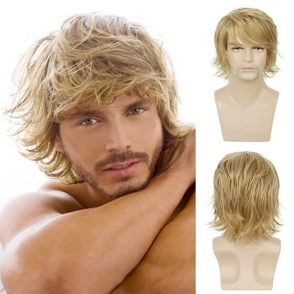 PinesC Mens Blonde Short Fluffy Layered Wig Natural Synthetic Halloween Cosplay Hair Wig for Male Guy Light Blonde