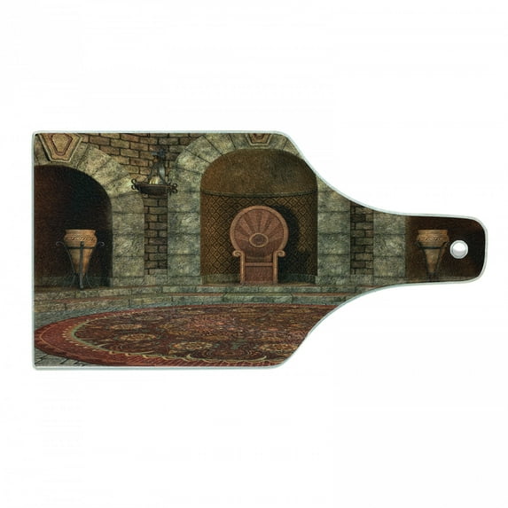 Gothic Cutting Board, King in Vintage Style Palace Chandelier Medieval Architecture Theme, Decorative Tempered Glass Cutting and Serving Board, Wine Bottle Shape, Burgundy Grey, by Ambesonne