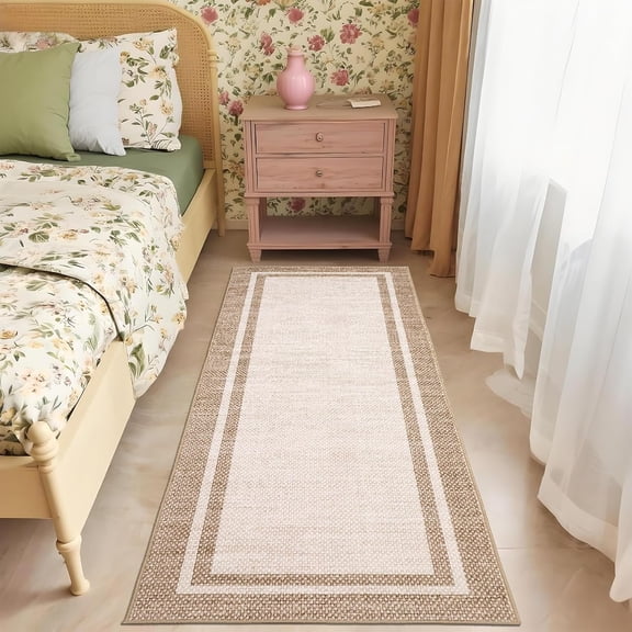 Washable Rug 2x8 Runner Rug Modern Border Kitchen Rugs Non Slip Rugs for Entryway Bedside Carpet Solid Stain Resistant Carpet Low Pile Floor Cover for Bathroom Laundry Room,Beige