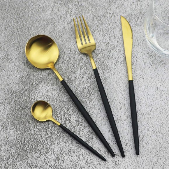 Ensemble de Couverts Mats, Gugrida Ensemble de Couverts en Acier Inoxydable Satiné 24 Pcs pour 6, Ensemble d'Ustensiles de Cuisine, Ensemble de Couverts pour Maison Restaurant (Poignée Or Noir Mat, 24 Pcs)
