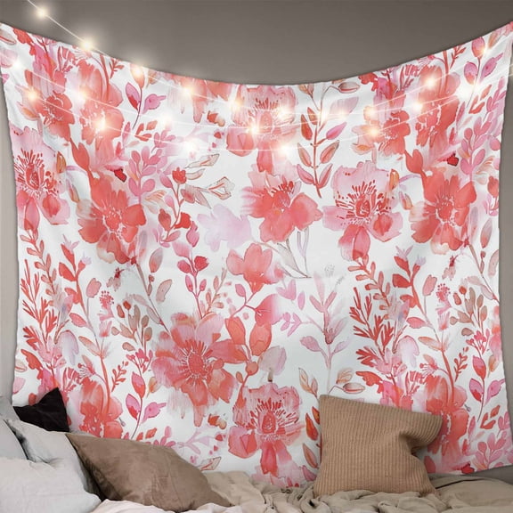 Red Pink Flowers Tapestry for Bedroom Wall Hanging Tapestry, Watercolor Summer Botanical Floral Ceiling Backdrop Tapestries Poster Blanket Wall Decor for Teens Room Living Room Dorm 59" x 79"