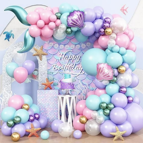 WODJR 105Pcs Mermaid Balloon Garland Arch Kit Mermaid Party Decorations Purple Pink Blue Balloon Arch Mermaid Tail Balloons Shell Balloons Mermaid Birthday Decorations Under The Sea Party Decorations