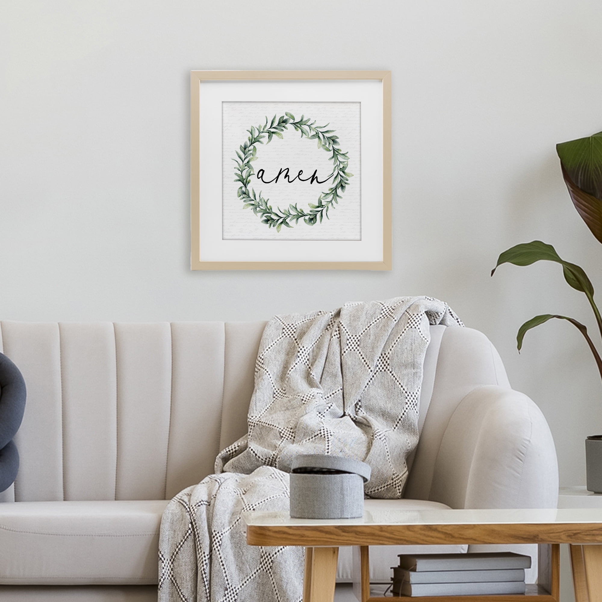 Amen Botanical Wreath & Script Birch Framed Print Under Glass, design by Lettered and Lined