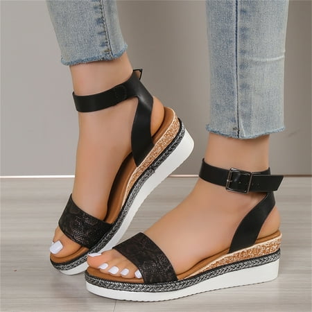 

Aayomet Summer Sandals for Women Ladies Fashion Lines Print Leather Open Toe Buckle Sloping Heel Thick Sole Sandals Black 8