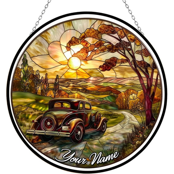 Personalized Vintage Car Stained Glass Window Hangings, Handcrafted Stained Glass Suncatchers, Gift for Cat Lovers Nature Lovers