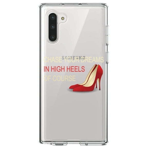 DistinctInk Clear Shockproof Hybrid Case for Samsung Galaxy Note 10 (6.3" Screen) - TPU Bumper Acrylic Back Tempered Glass Screen Protector - Chase Your Dreams In High Heels Of Course
