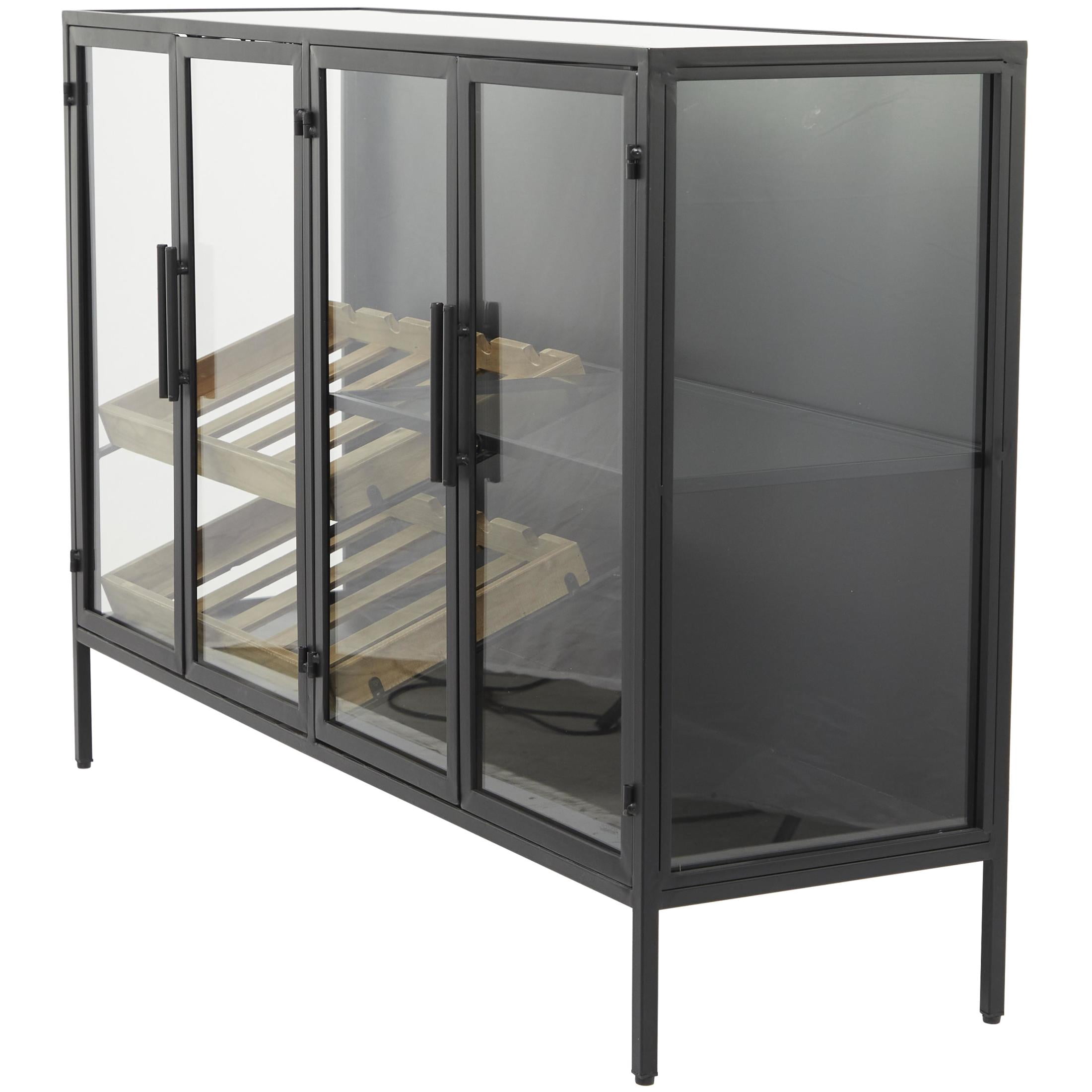DecMode 47" x 32" Black Metal 10 Bottle Glass Panel Door Standing Wine Rack with Wine Glass Holders and Wood Accents, 1-Piece