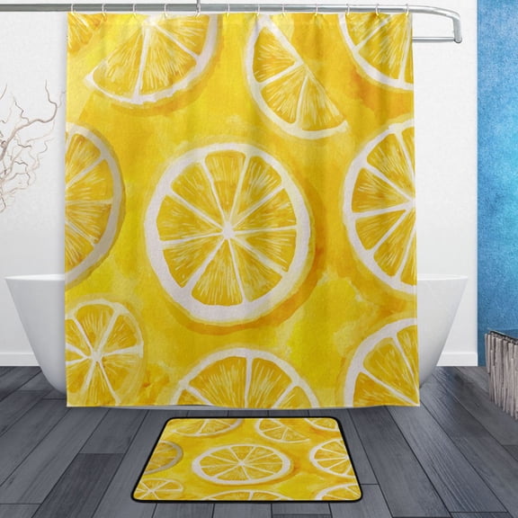 TTYFWHD 60" x 72" Shower Curtain and Bath Mat Set Retro Lemon Slice Pattern Waterproof Bathroom Curtain with 12 Hooks, Bathroom Decor Set