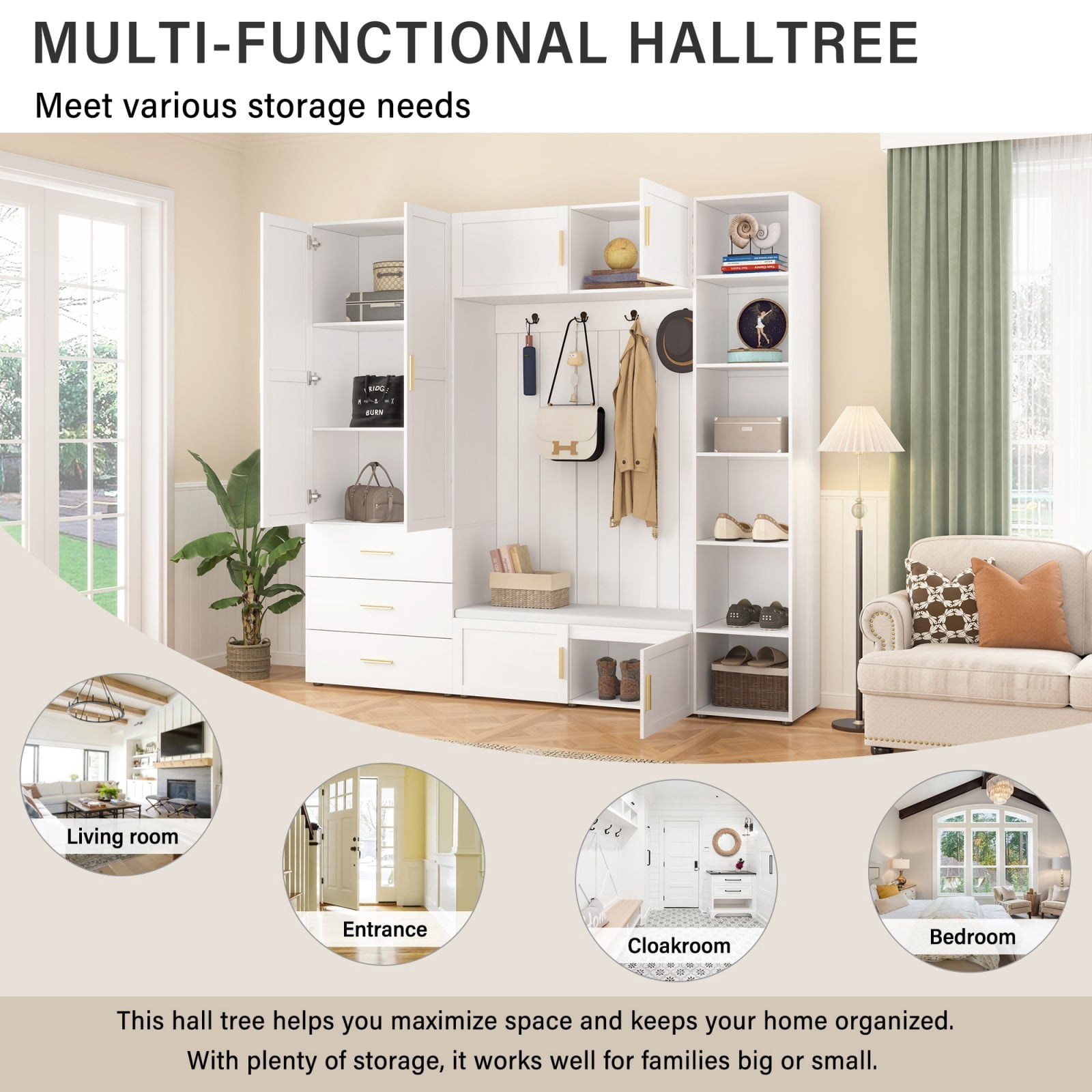 94"W 4-in-1 Entryway Hall Tree with Padded Bench, Coat Rack with 4 Hooks, Adjustable Storage Shelves & Cabinet, Large Mudroom Organizer for Hallway Living Room, Ancient White