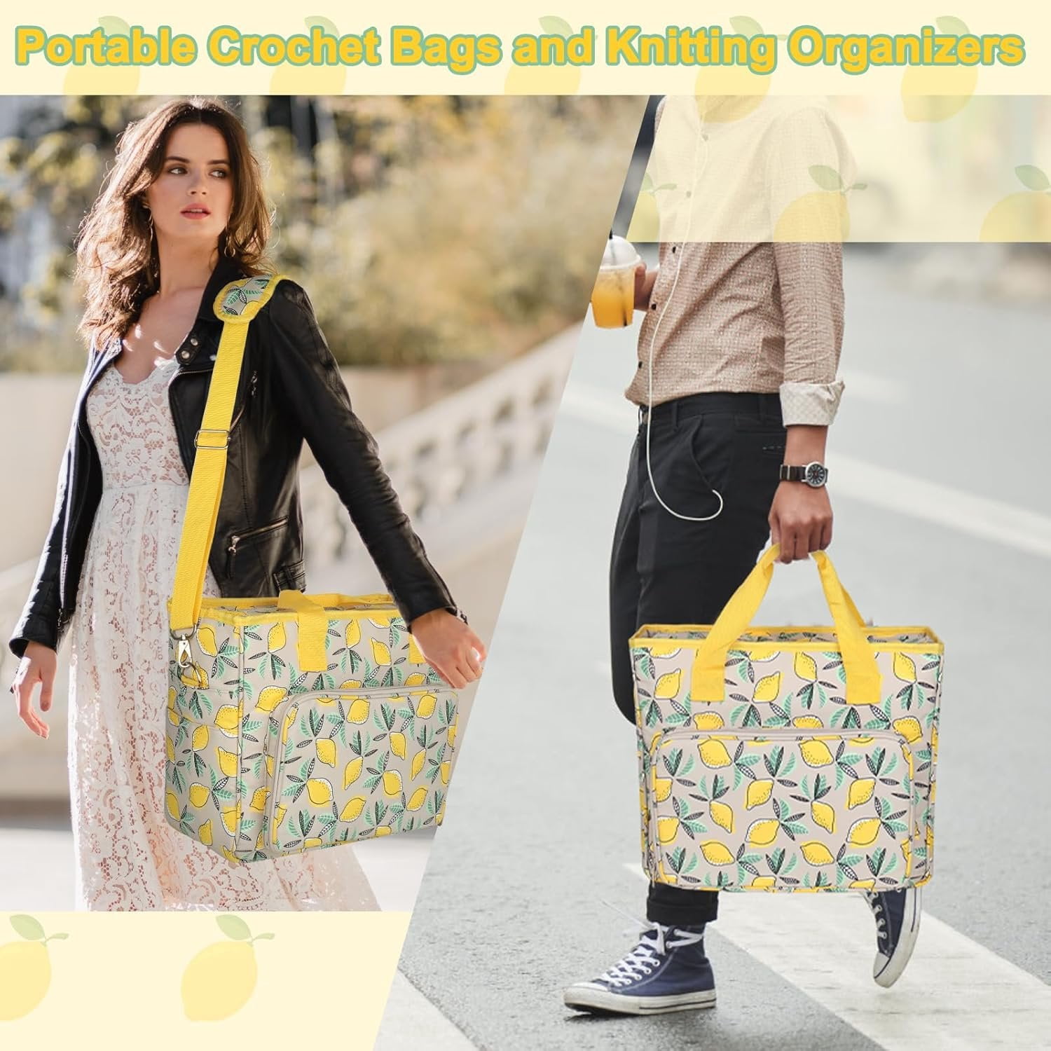 Yarn Storage Organizer Travel Crochet Bag, Large Capacity Tote Bag Knitting Bag for Carrying Projects, Knitting , Crochet Hooks and Yarn, Fruit Yellow