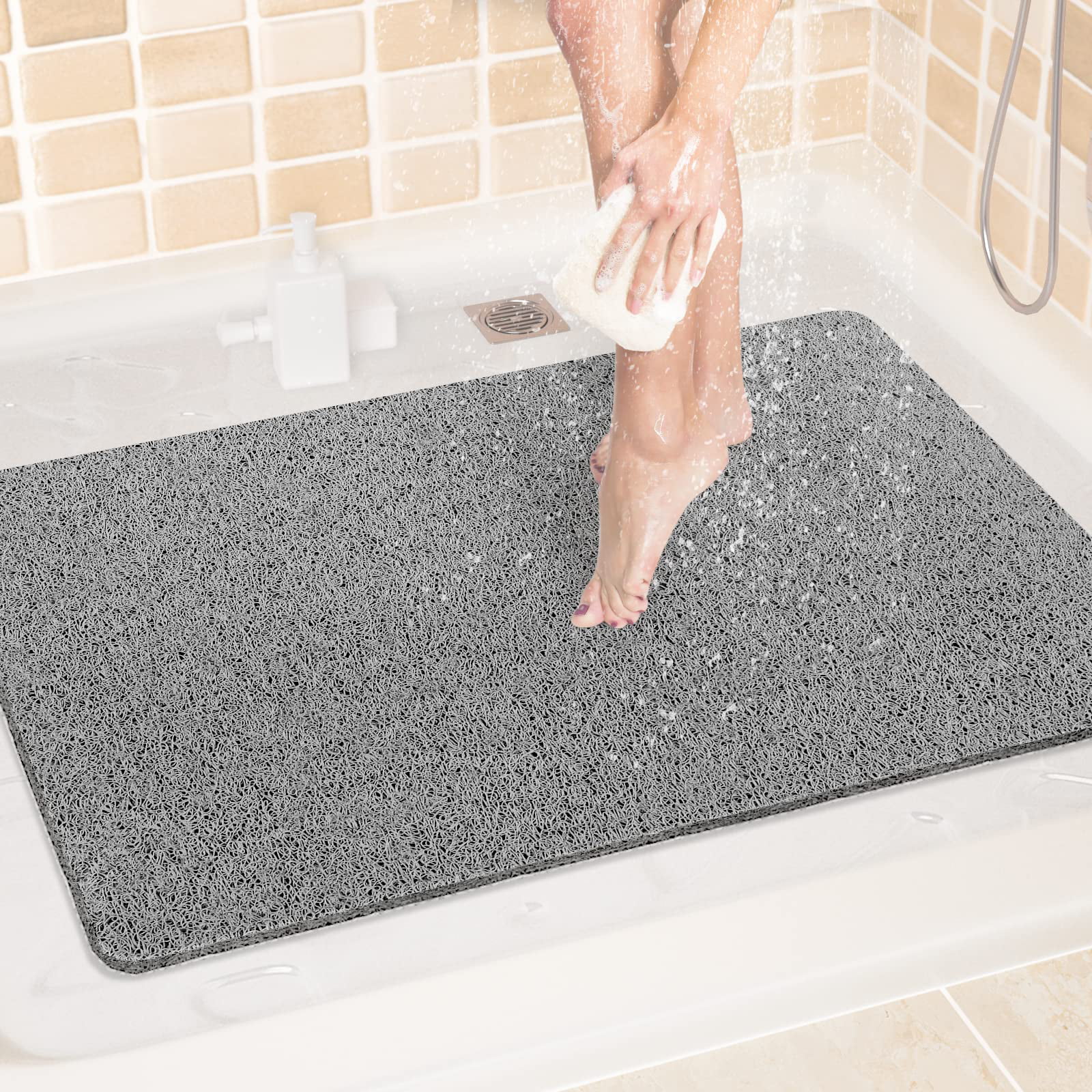 Shower Bathtub Mat Non Slip with Drain Quick Drying Loofah Grey Color  Design