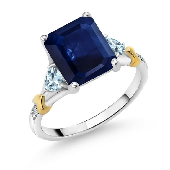 Gem Stone King 925 Silver and 10K Yellow Gold Blue Sapphire and Sky Blue Aquamarine and Diamond Engagement Ring for Women (3.81 Cttw, Emerald Cut 10X8MM, Trillion 3.5MM, Size 9)