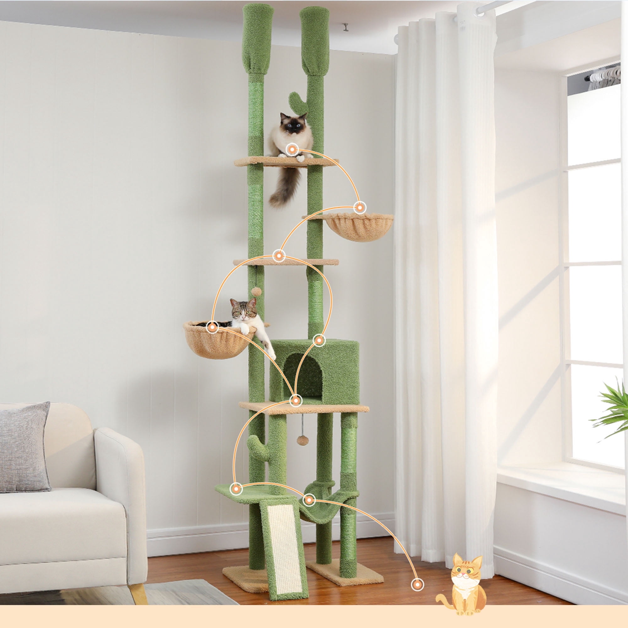 Pefilos 85"-112" Height Adjustable Cat Tree Tower Tall Kitty Climbing Play House Floor to Ceiling Cat Tree for Indoor with Cozy Cat Condo, Green