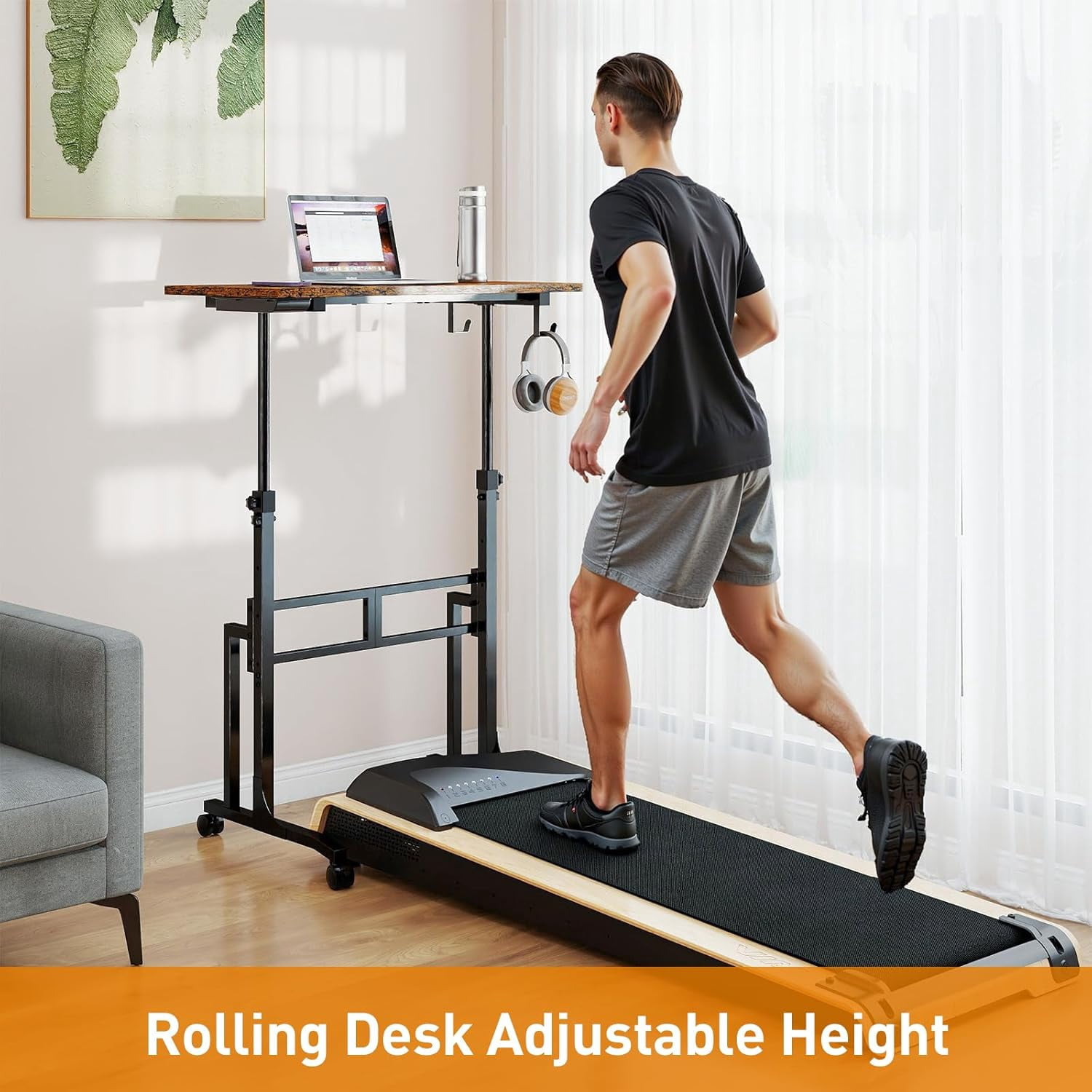 Standing Desk with Wheels Adjustable Treadmill Desk Rolling Bike Trainer Desk for Walking Pad Laptop Phone Standing Brown Ergonomic Home Office Workout Station