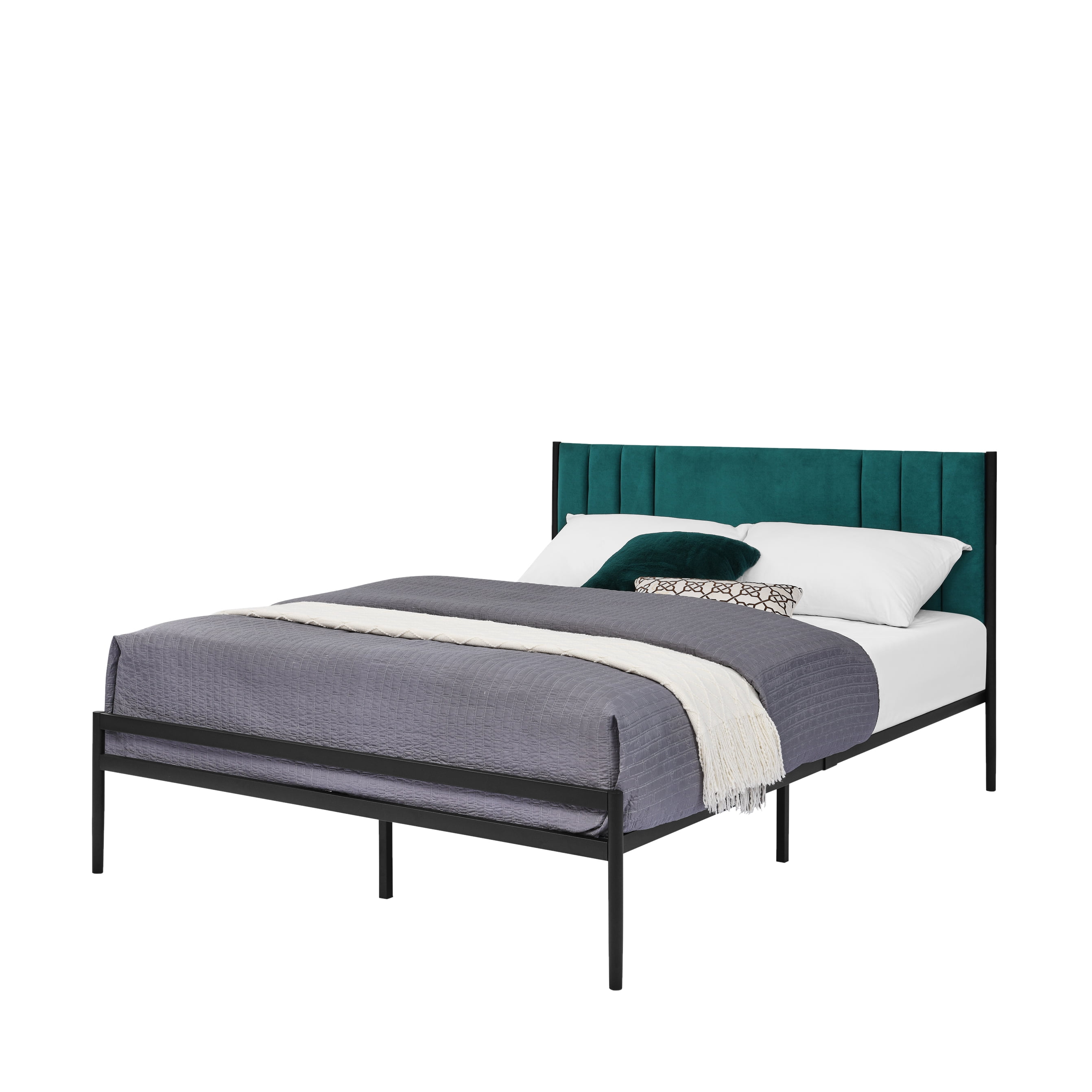 BSHTI Full Size Platform Bed Frame with Upholstered Headboard and wood slats,simple and elegant design Platform Bed Frame for livingroom