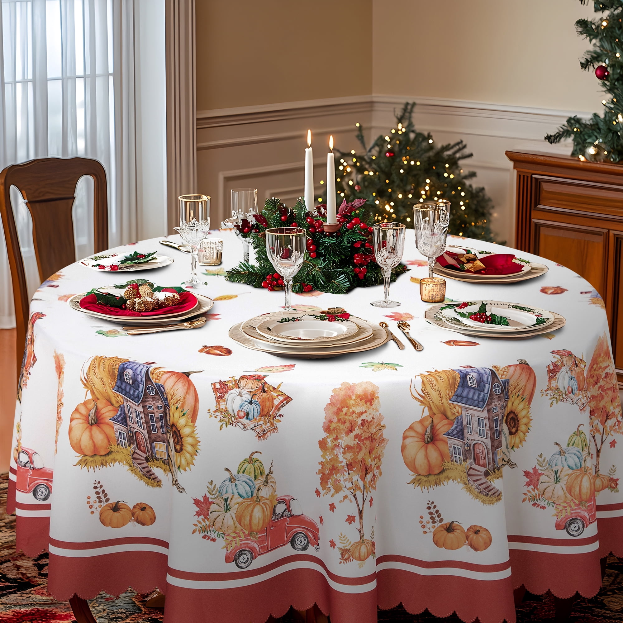 RAY STAR Polyester Christmas Tablecloth 60 inch Round Machine Washable Table Cloths, Thick Can not See Through Heavy Duty Tablecloth