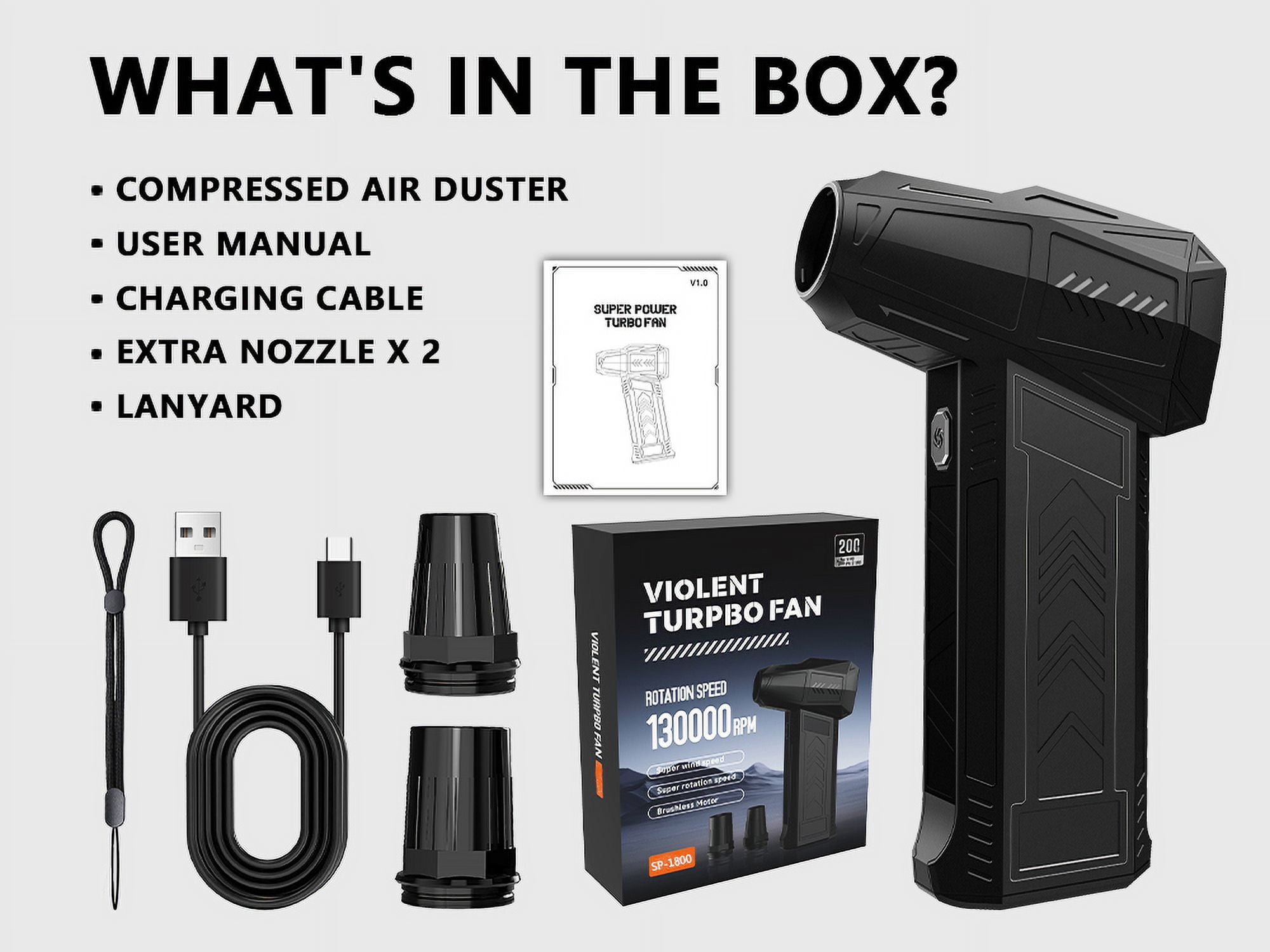 Compressed Air Duster - 180000RPM Electric Air Duster for Cleaning Keyboard&PC 3 Gears Adjustable Rechargeable Cordless Jet Dry Blower Air Blower for Car, Home & Outdoor activities