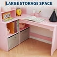 thumbnail image 5 of Juiluna Kids Corner Desk, Desk and Chair Set for Children, L Shape Kids Study Table - Features Bulletin Board Open Shelves & Storage Cabinets and Cloth Drawers, White/Pink, 5 of 8