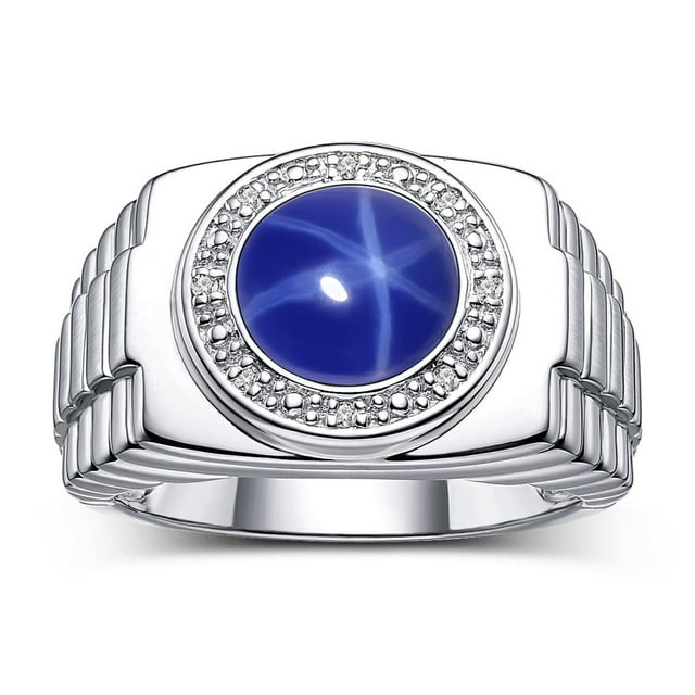 RYLOS Men's Rings Sterling Silver Ring Cabochon Gemstone & Diamonds Designer Style Blue Star Sapphire Rings For Men Size 10