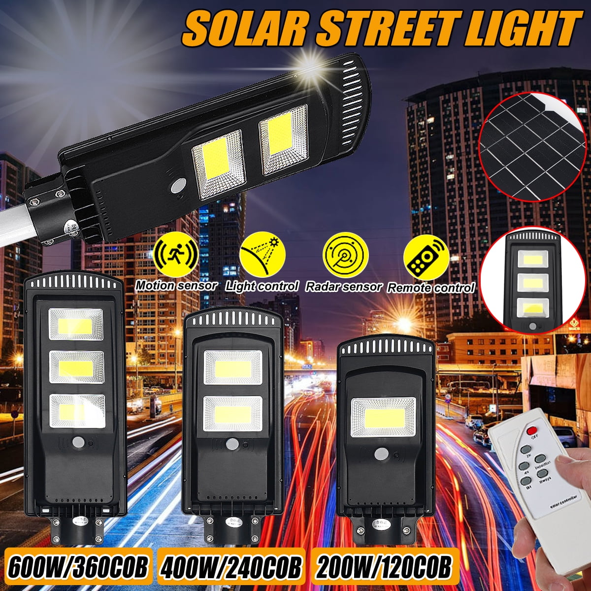 150W Solar LED Street Light Radar PIR Motion Sensor Wall Lamp & Mounting Pole US 