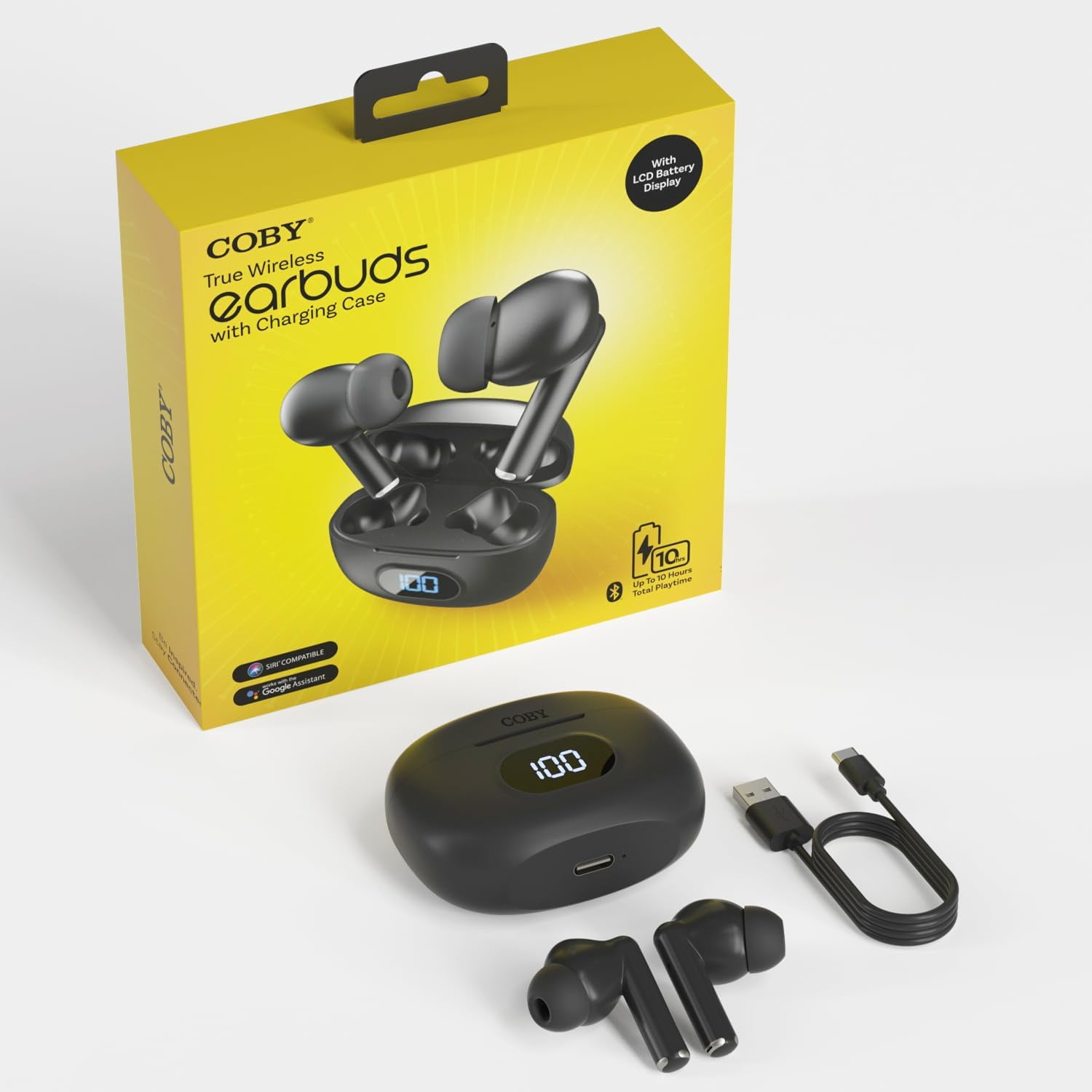 COBY True Wireless Earbuds, Mini Bluetooth Earbuds with Built-in Mic & LCD Charging Case, Black