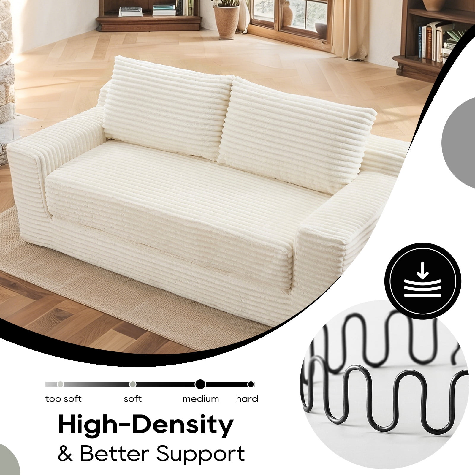 Leumius Convertible Loveseat Compression Sofa for Living Room,Corduroy 2 Seater Couch Memory Foam Sofa for Small Spaces,Apartments,Office,Beige